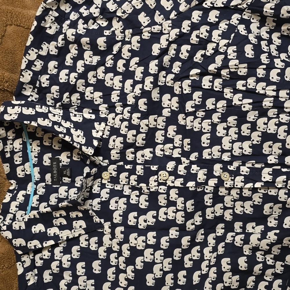 Talbots Navy Blue/White Elephant Shirt Long Sleeve Button-Down Poplin Blouse XL